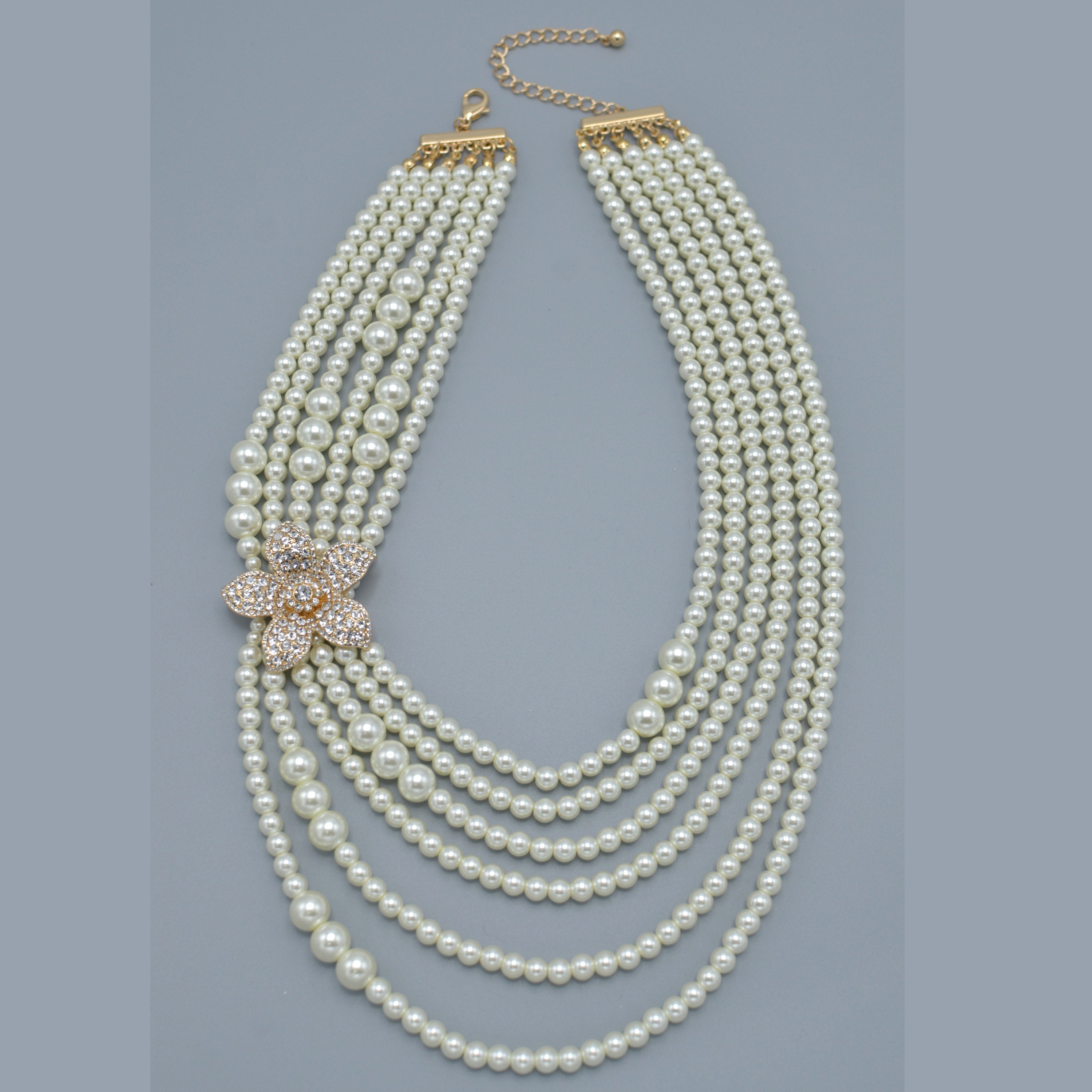 Gold Cream Pearl and Crystal Flower layer Necklace #FW1404424(Infront-RA6-line steel rack)
