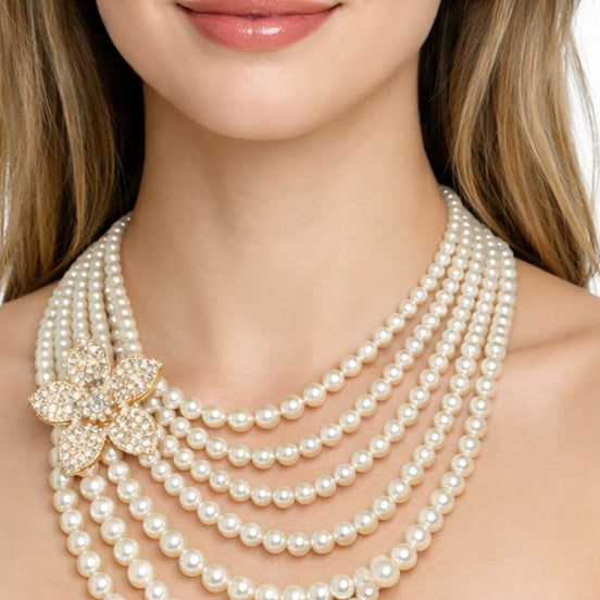Gold Cream Pearl and Crystal Flower layer Necklace #FW1404424(Infront-RA6-line steel rack)