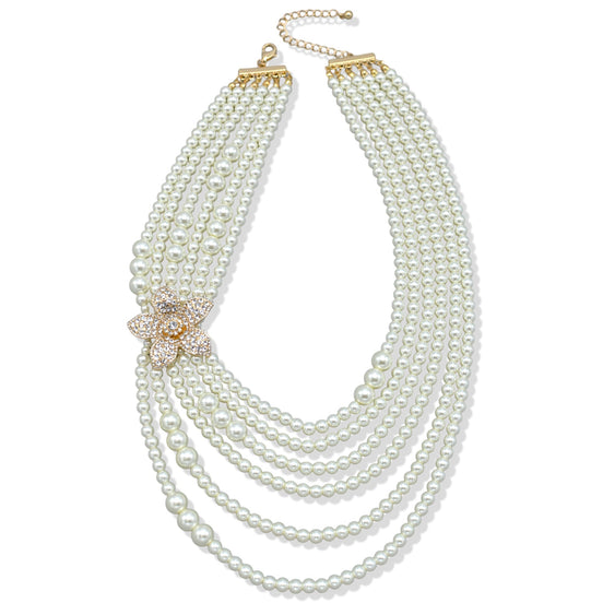 Gold Cream Pearl and Crystal Flower layer Necklace #FW1404424(Infront-RA6-line steel rack)