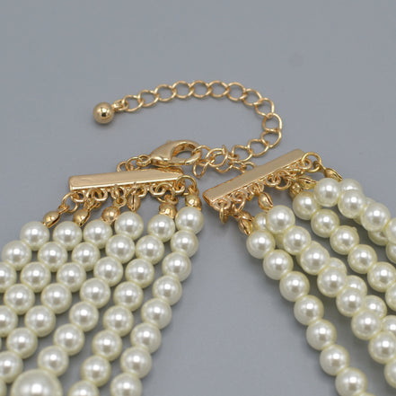 Gold Cream Pearl and Crystal Flower layer Necklace #FW1404424(Infront-RA6-line steel rack)