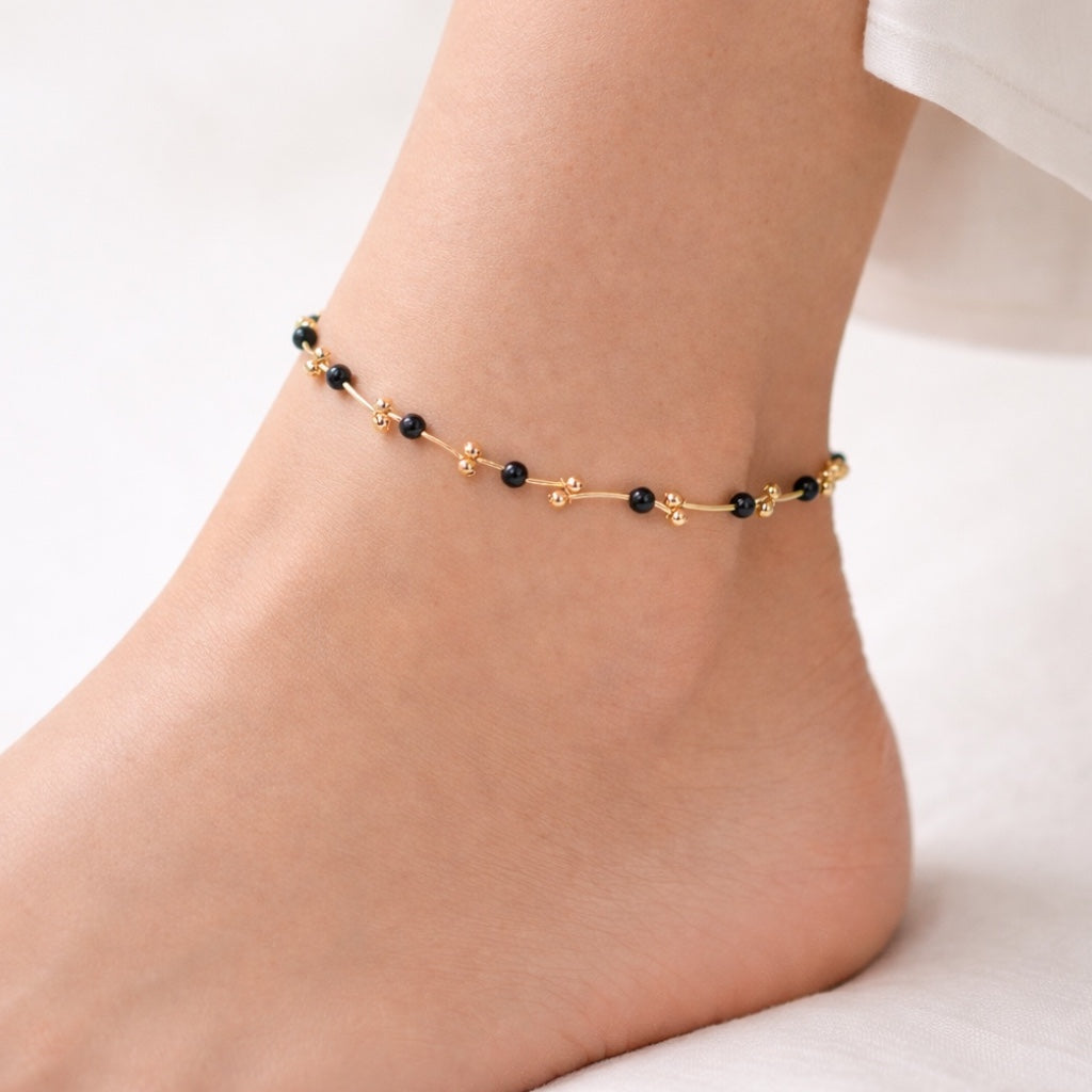 Gold Beaded Anklet with Black Accent Beads – Elegant Minimalist Adjustable Anklet #HNA5211GB (EH5/NH5/TG20)