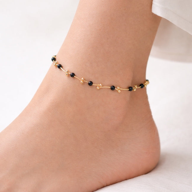Gold Beaded Anklet with Black Accent Beads – Elegant Minimalist Adjustable Anklet #HNA5211GB (EH5/NH5/TG20)