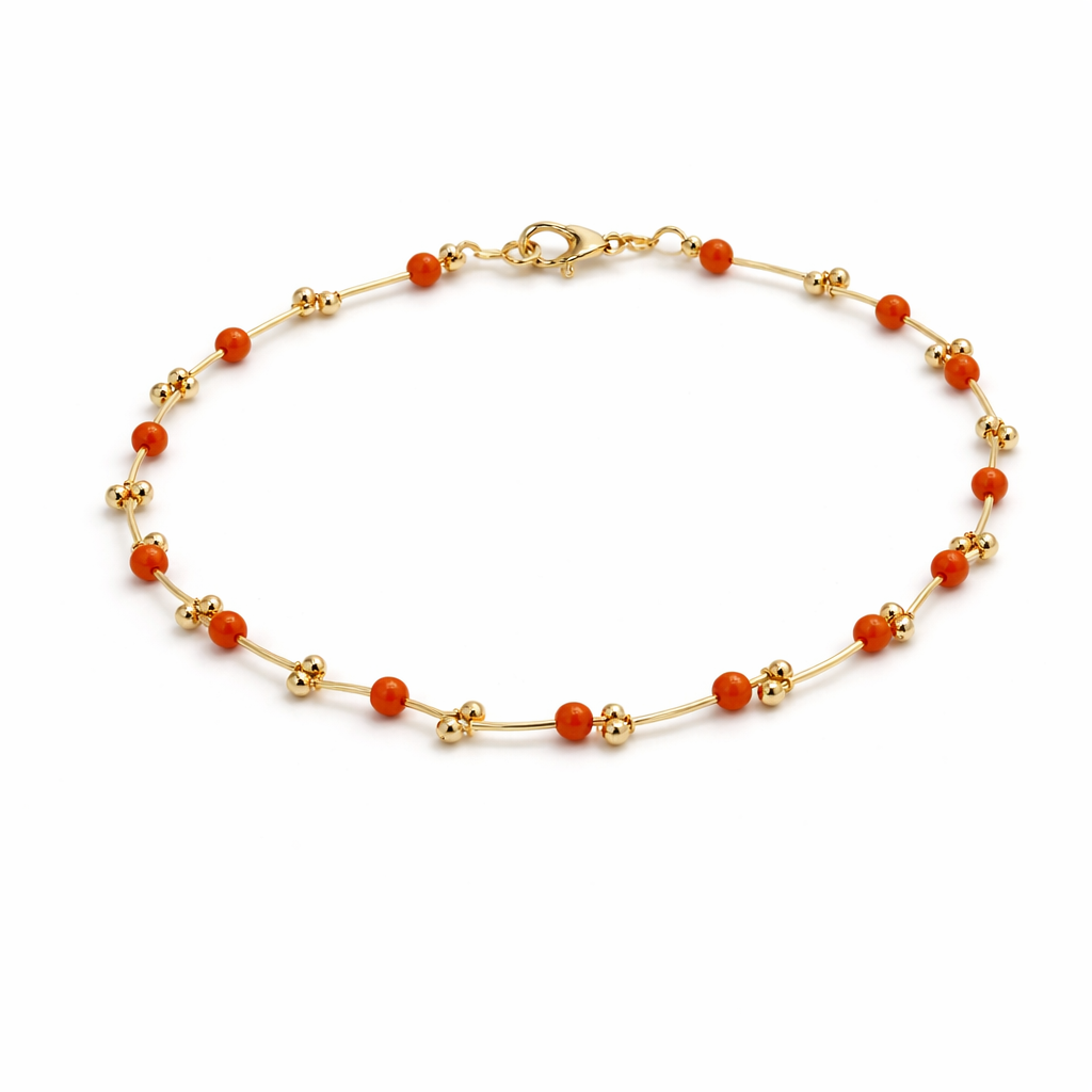 Delicate Gold Beaded Anklet with Coral Accent Beads – Minimalist Adjustable Chain Anklet  #HNA5211 (HD16/EH5/TH21)