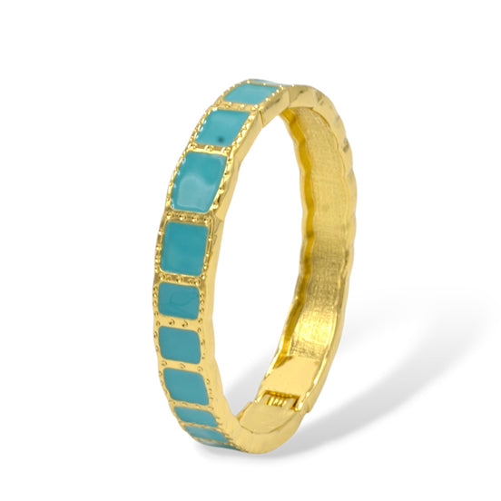Gold & Turquoise Square Enamel Bangle Bracelet – 2.4" Diameter (Hinged Closure) #FW1404716 (LE16)