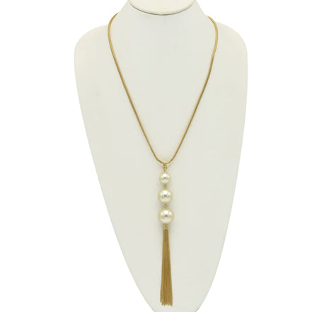 GOLD BIG CREAM PEARL LONG TASSEL NECKLACE #SQ466G (HF4-5)