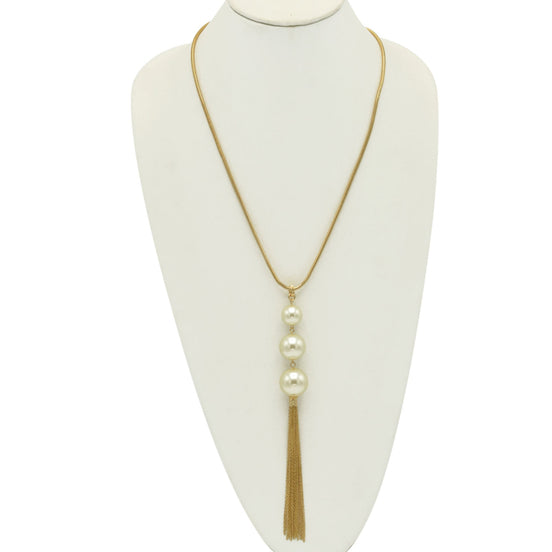 GOLD BIG CREAM PEARL LONG TASSEL NECKLACE #SQ466G (HF4-5)