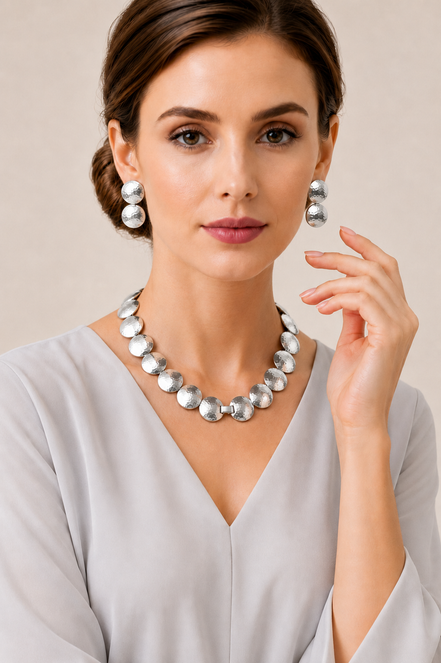 Silver Hammered Disc Statement Necklace & 1" Double Disc Drop Earring Set#FW-SET5402-SIL