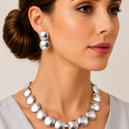 Silver Hammered Disc Statement Necklace & 1