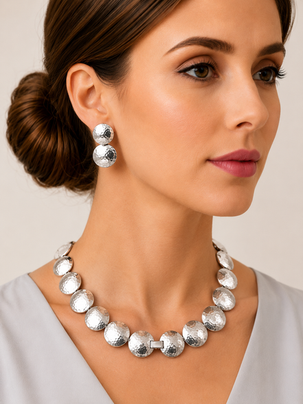 Silver Hammered Disc Statement Necklace & 1" Double Disc Drop Earring Set#FW-SET5402-SIL