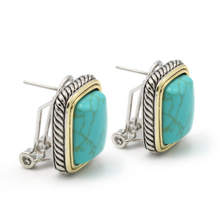 TWO TONE TURQUOISE ENGRAVED STUD EARRING#12504ERTQ (FB18)