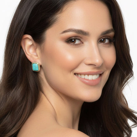 TWO TONE TURQUOISE ENGRAVED STUD EARRING#12504ERTQ (FB18)