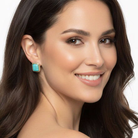 TWO TONE TURQUOISE ENGRAVED STUD EARRING#12504ERTQ (FB18)