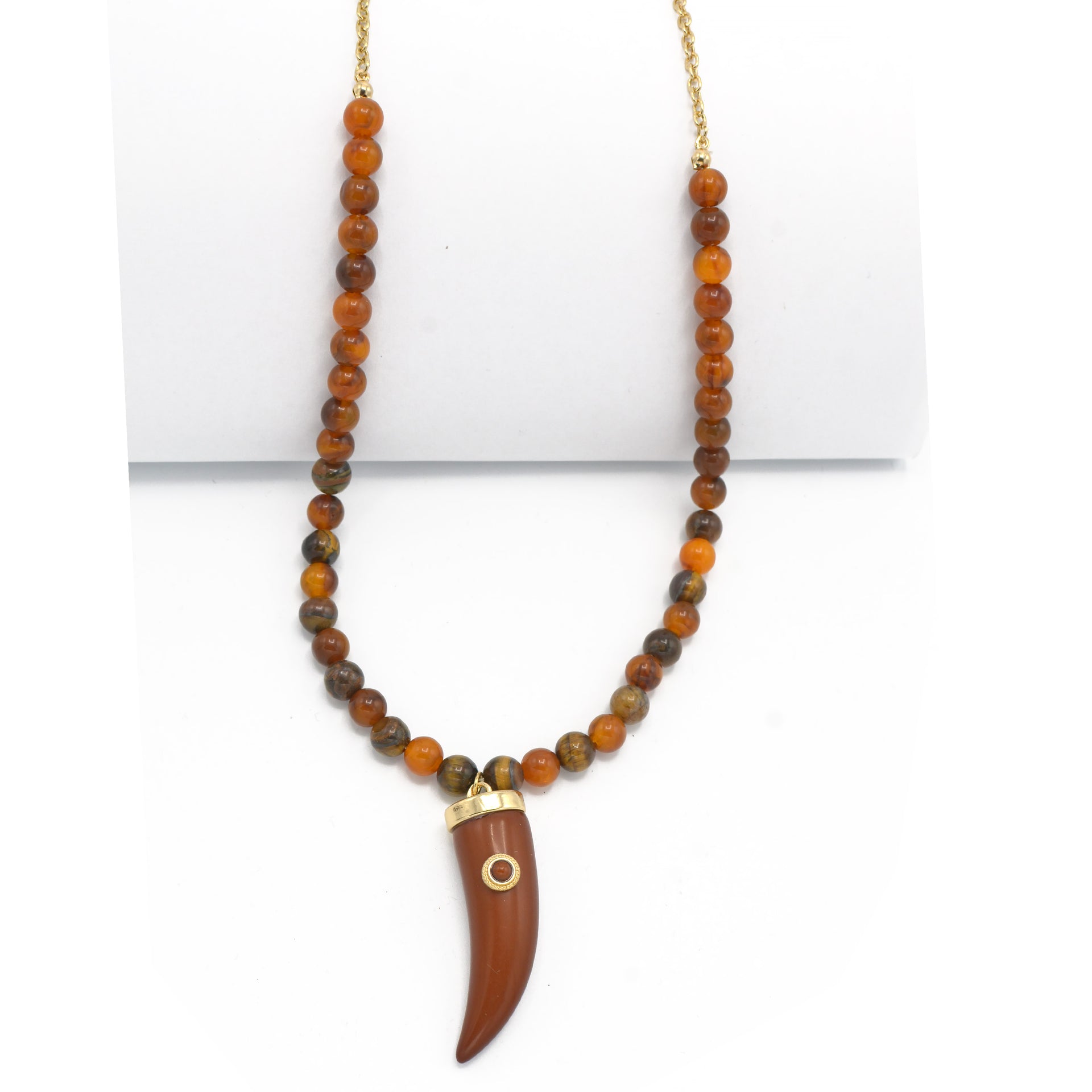 GOLD HORN PENDANT BURGUNDY/BROWN BEAD NECKLACE #HNN84312GDBR (HA6/HB6)