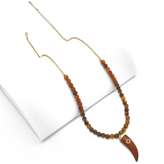 GOLD HORN PENDANT BURGUNDY/BROWN BEAD NECKLACE #HNN84312GDBR (HA6/HB6)