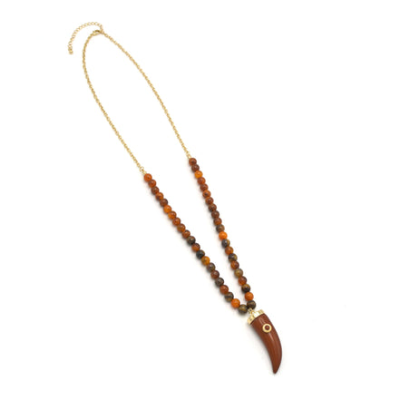 GOLD HORN PENDANT BURGUNDY/BROWN BEAD NECKLACE #HNN84312GDBR (HA6/HB6)