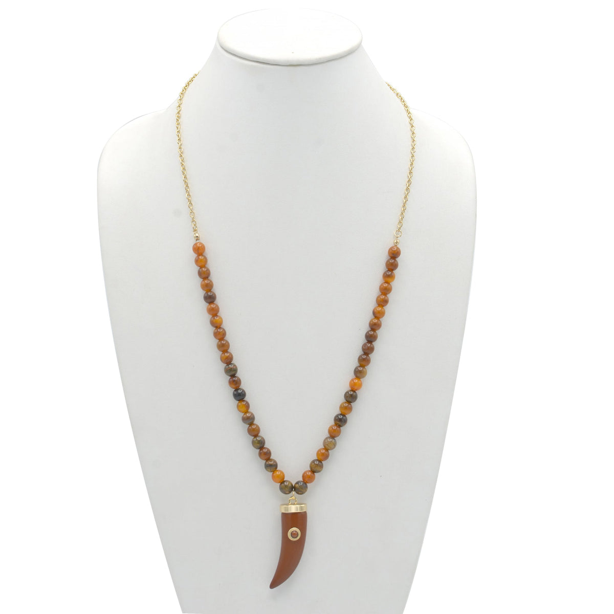 GOLD HORN PENDANT BURGUNDY/BROWN BEAD NECKLACE #HNN84312GDBR (HA6/HB6)