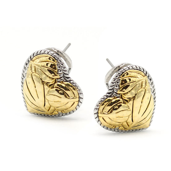 TWO TONE ENGRAVED HEART EARRINGS#11658ER