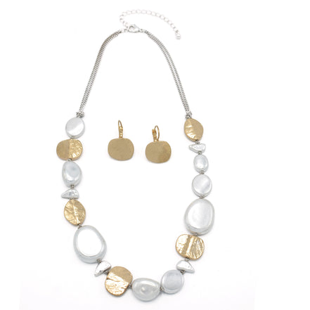 Two-Tone Silver And Gold Hammered Earrings And Necklace Set #SC22071/SE22079GS