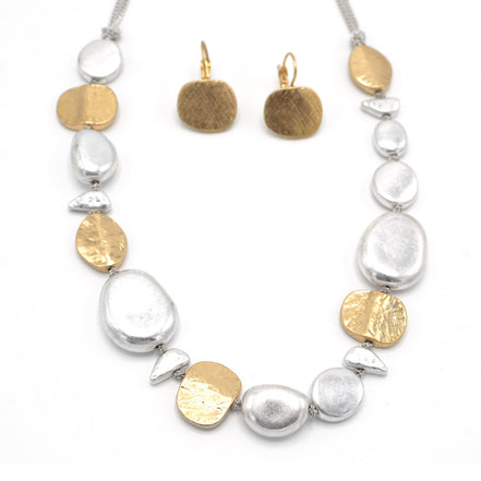 Two-Tone Silver And Gold Hammered Earrings And Necklace Set #SC22071/SE22079GS