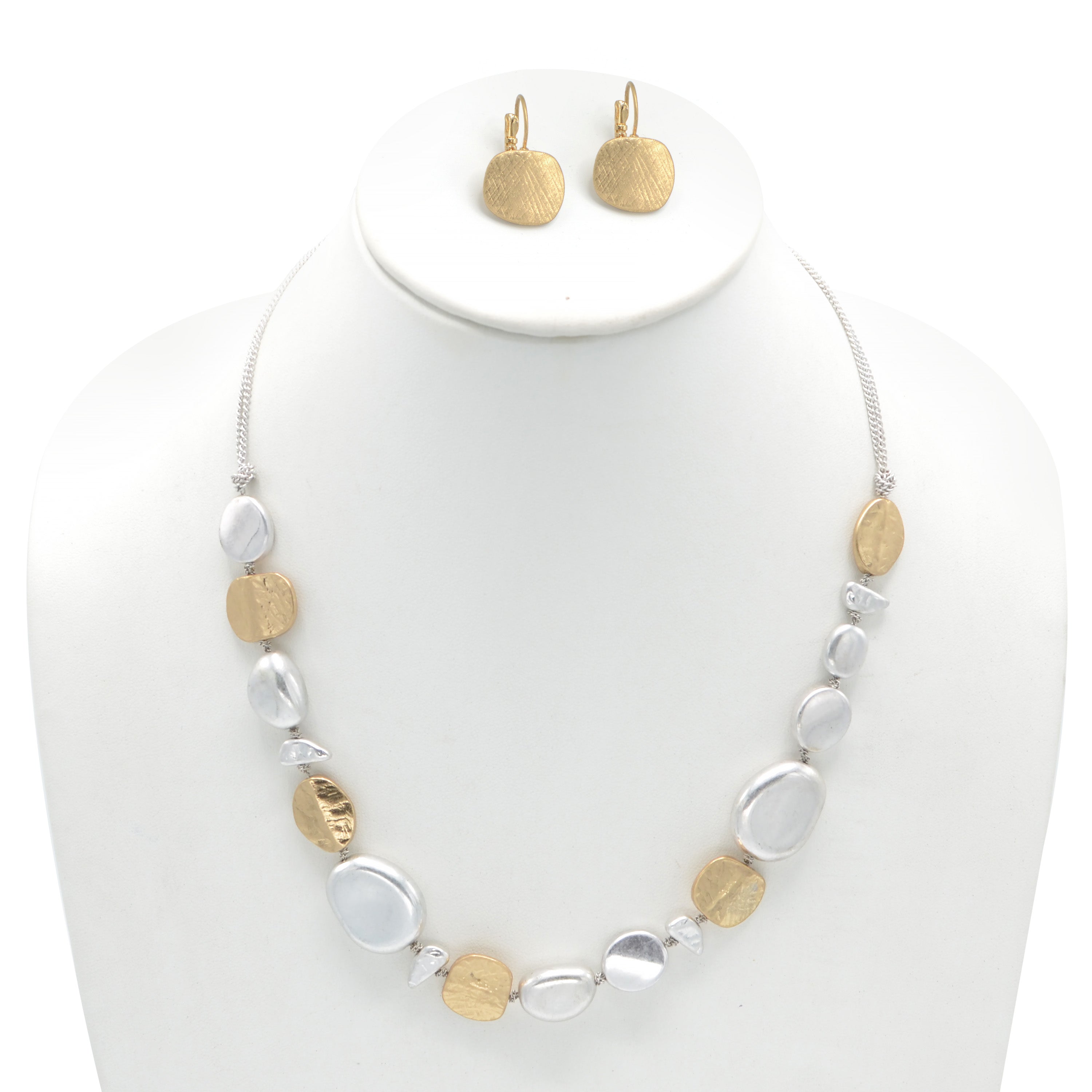 Two-Tone Silver And Gold Hammered Earrings And Necklace Set #SC22071/SE22079GS