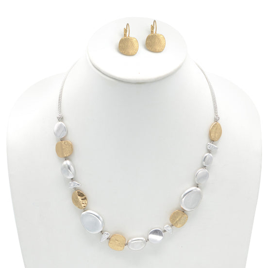Two-Tone Silver And Gold Hammered Earrings And Necklace Set #SC22071/SE22079GS