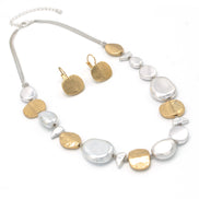 Two-Tone Silver And Gold Hammered Earrings And Necklace Set #SC22071/SE22079GS