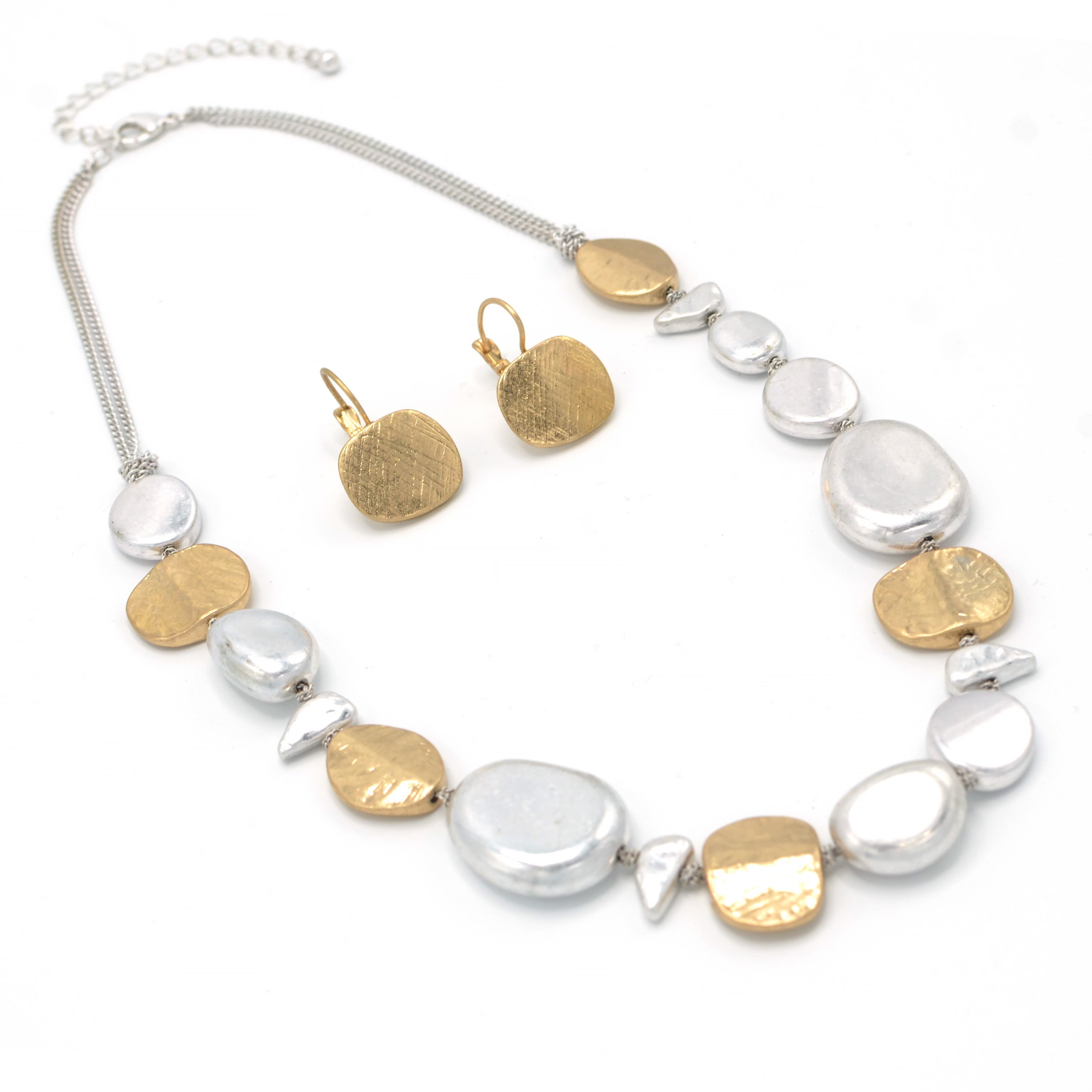 Two-Tone Silver And Gold Hammered Earrings And Necklace Set #SC22071/SE22079GS