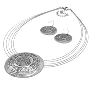 Silver Tone Multi-Strand Medallion Necklace and Fish Hook Earrings Set – Bohemian Statement Pendant Jewelry Set for Women #SCE43587SIL(TA7)