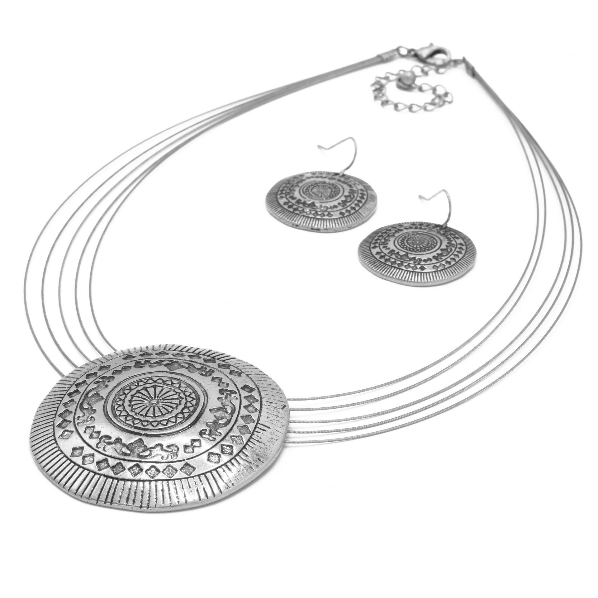 Silver Tone Multi-Strand Medallion Necklace and Fish Hook Earrings Set – Bohemian Statement Pendant Jewelry Set for Women #SCE43587SIL(TA7)