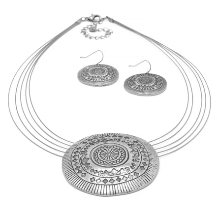 Silver Tone Multi-Strand Medallion Necklace and Fish Hook Earrings Set – Bohemian Statement Pendant Jewelry Set for Women #SCE43587SIL(TA7)