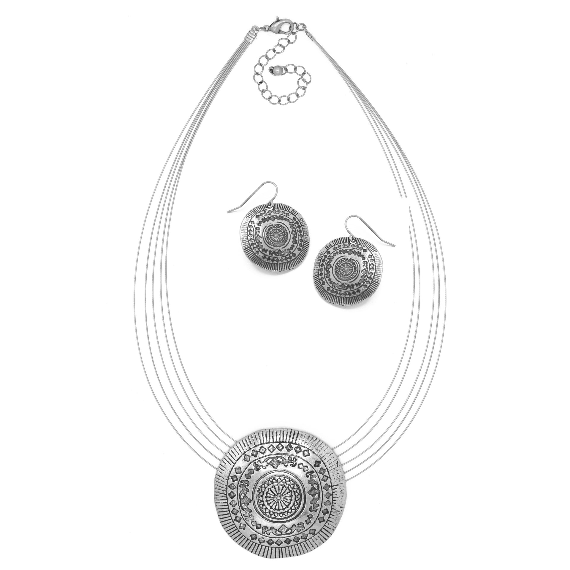 Silver Tone Multi-Strand Medallion Necklace and Fish Hook Earrings Set – Bohemian Statement Pendant Jewelry Set for Women #SCE43587SIL(TA7)