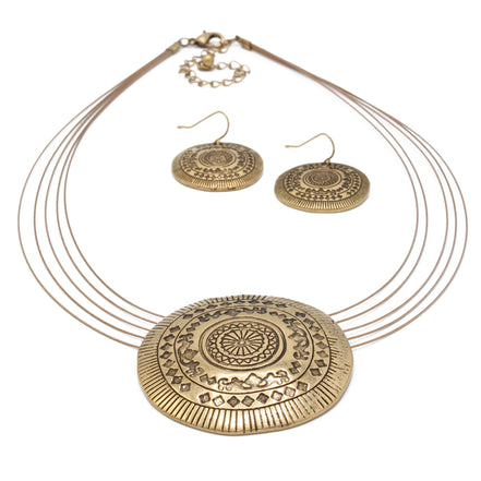Gold Oxidized Pendant Necklace And Earrings Set #SCE43587GLD (EE4/TB7)