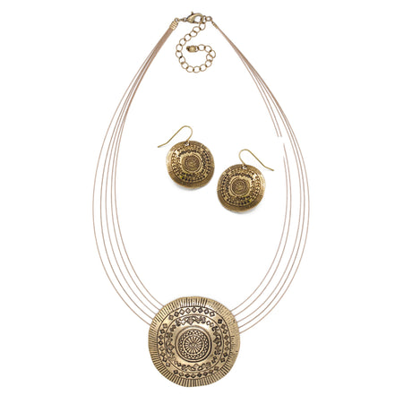 Gold Oxidized Pendant Necklace And Earrings Set #SCE43587GLD (EE4/TB7)
