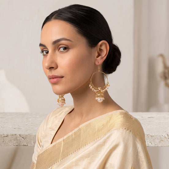 Tazza Women's Gold-Tone Faux Pearl Jhumka Hoop Earrings | Indian Chandbali Jhumki Dangle Earrings | Ethnic Bridal & Festival Fashion Costume Jewelry #SQ3188 (IC16)