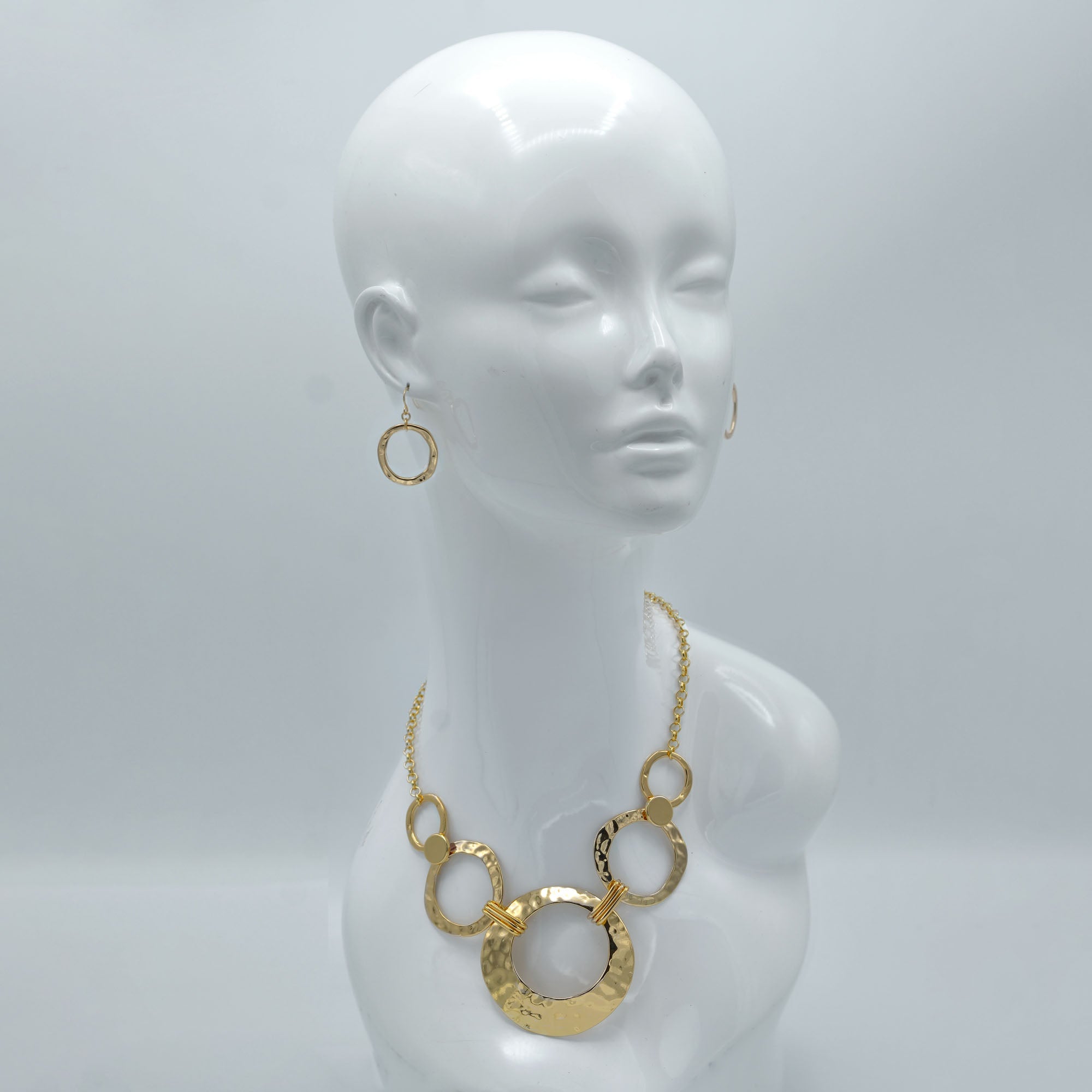 Gold Open Circle Hammered Link necklace And Earrings Set #SCE30061-1