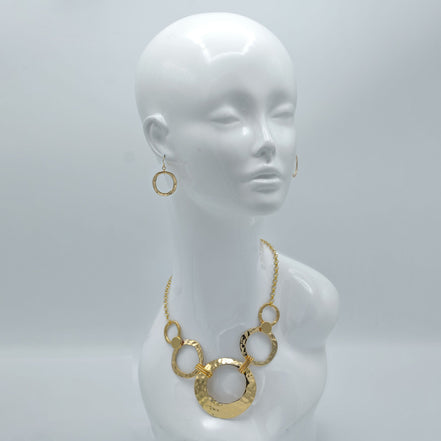 Gold Open Circle Hammered Link necklace And Earrings Set #SCE30061-1