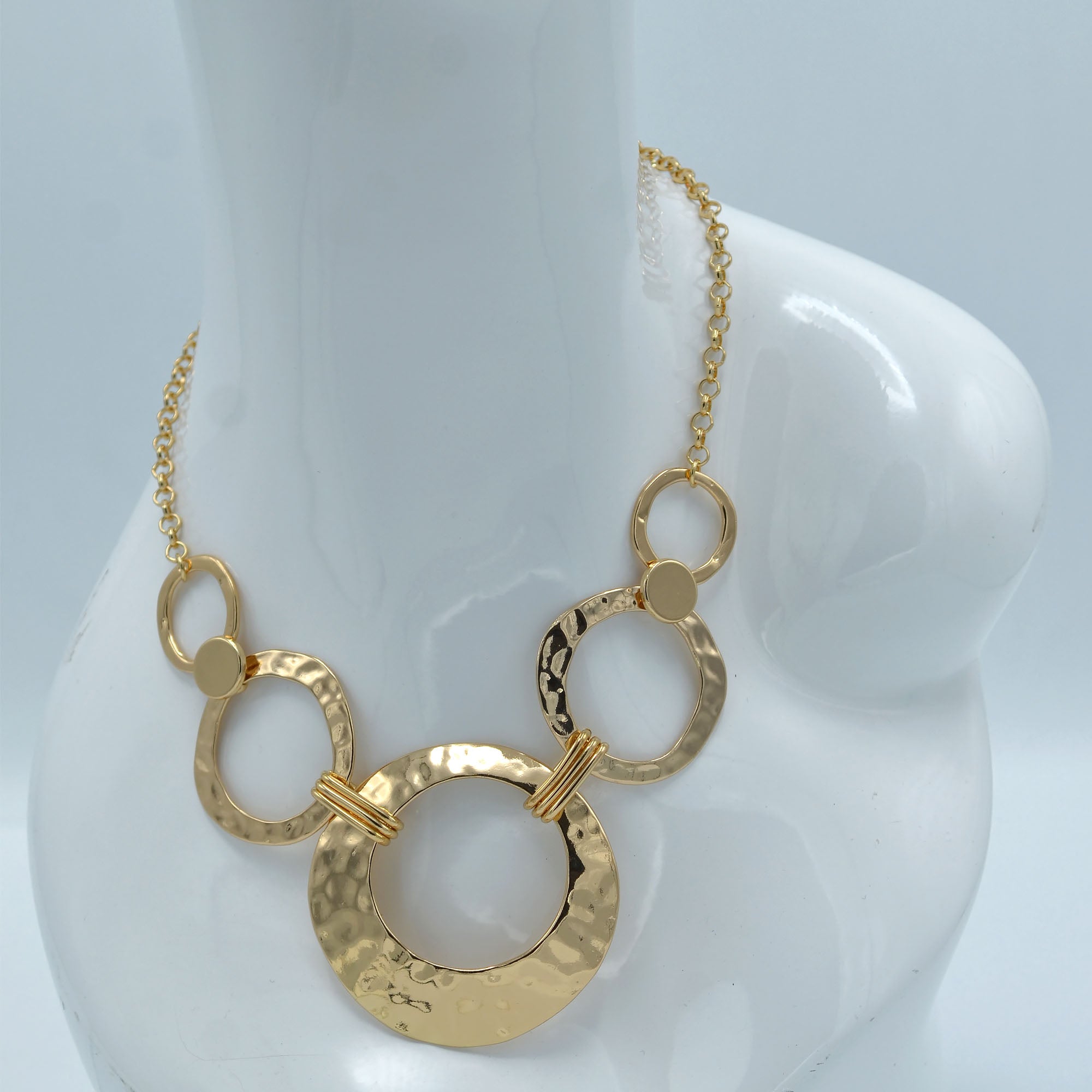 Gold Open Circle Hammered Link necklace And Earrings Set #SCE30061-1