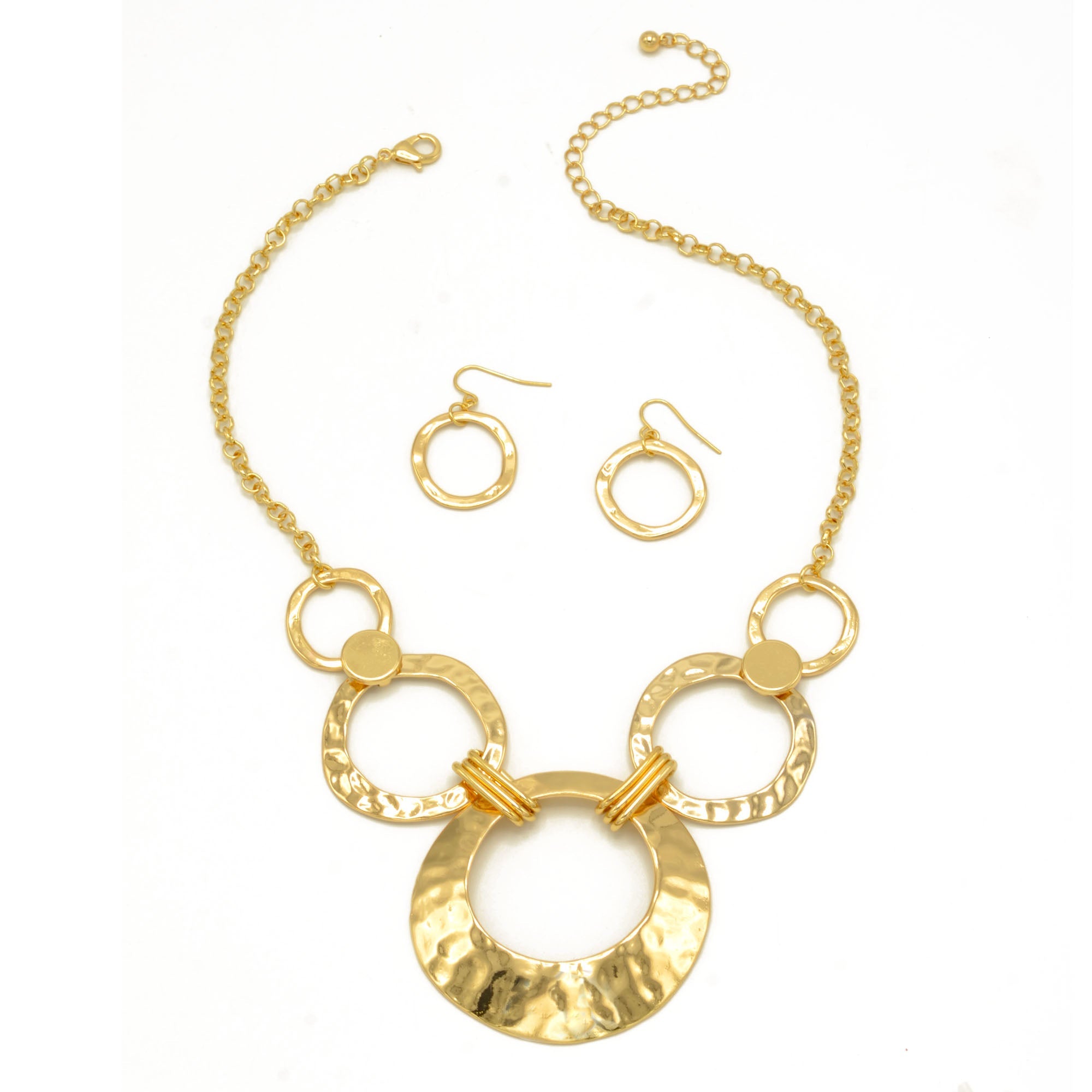 Gold Open Circle Hammered Link necklace And Earrings Set #SCE30061-1