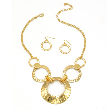 Gold Open Circle Hammered Link necklace And Earrings Set #SCE30061-1