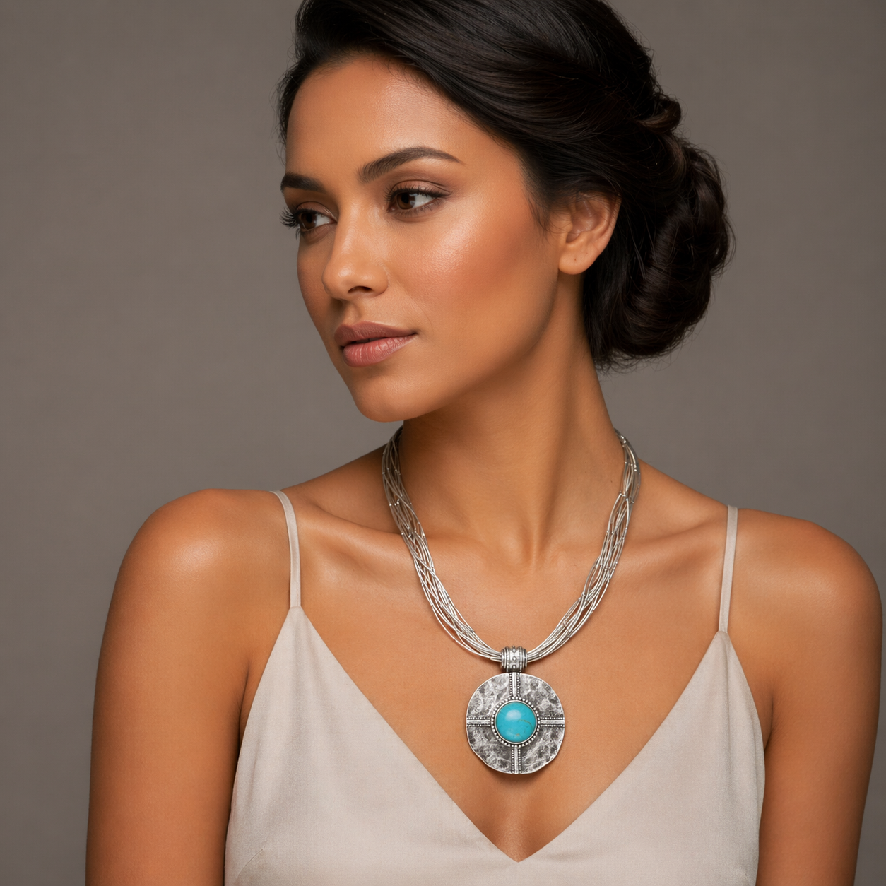 Silver-Tone Turquoise Medallion Statement Pendant Necklace #HNN15222SLTQ (LB26/JH3)
