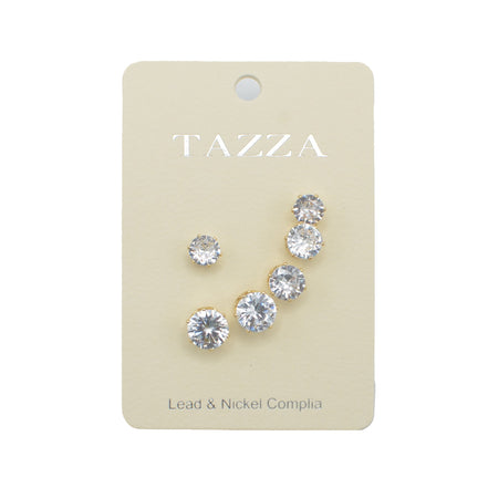 GOLD CLEAR CRYSTAL 3 PAIR SET GRADUATED STUD EARRINGS #HNE86567GDCY(RG21)