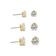 GOLD CLEAR CRYSTAL 3 PAIR SET GRADUATED STUD EARRINGS #HNE86567GDCY(RG21)