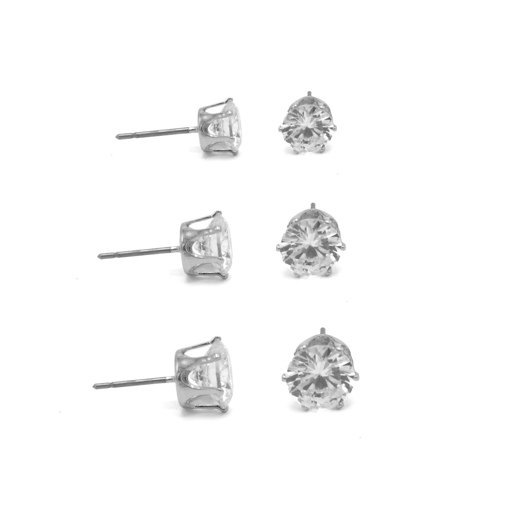 RHODIUM CLEAR CRYSTAL 3 PAIR SET GRADUATED STUD EARRINGS  #HNE86567RDCY(RH21)