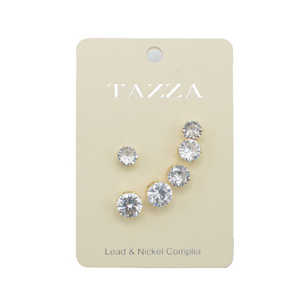 GOLD CLEAR CRYSTAL 3 PAIR SET GRADUATED STUD EARRINGS #HNE86567GDCY(RG21)