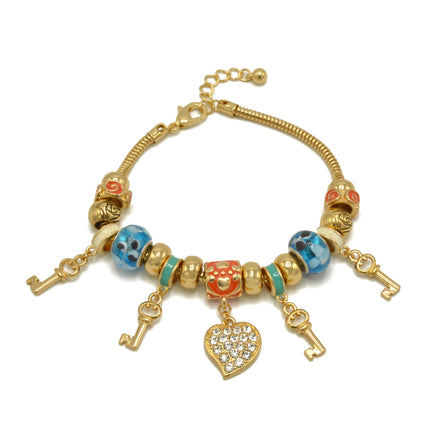 Gold Multi Color Beads Heart And Key Crystal Charm  Bracelet #HNB82320GMT