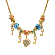 Gold Multi Color Beads Heart And Key Crystal Charm  Bracelet #HNB82320GMT