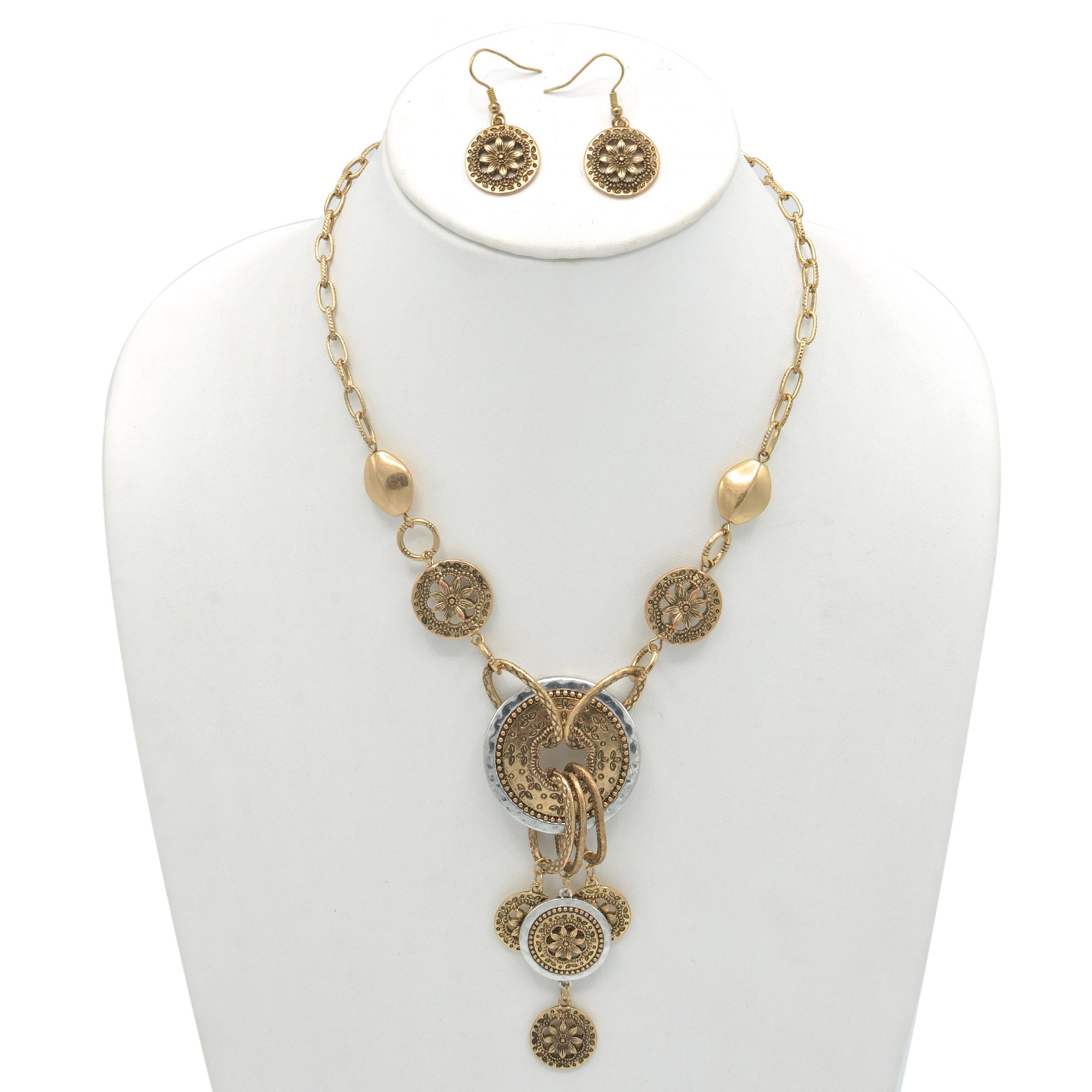 TWO-TONE FLOWER CHANDELIER NECKLACE AND EARRINGS SET#HNN+E86986TWO