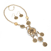 TWO-TONE FLOWER CHANDELIER NECKLACE AND EARRINGS SET#HNN+E86986TWO