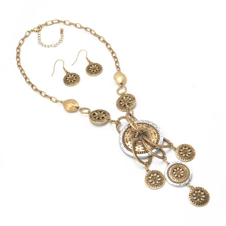 TWO-TONE FLOWER CHANDELIER NECKLACE AND EARRINGS SET#HNN+E86986TWO