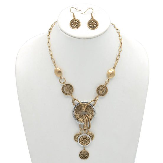 TWO-TONE FLOWER CHANDELIER NECKLACE AND EARRINGS SET#HNN+E86986TWO